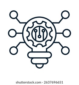 Gear, electronics and light bulb. Modern technical electronic innovations. Vector linear icon isolated on white background.