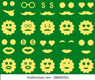 Gear and emotion icons. Vector set style: flat images, yellow symbols, isolated on a green background.