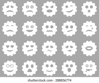 Gear emotion icons. Vector set style: flat images, white symbols, isolated on a silver background.