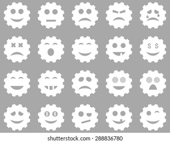 Gear emotion icons. Vector set style: flat images, white symbols, isolated on a silver background.