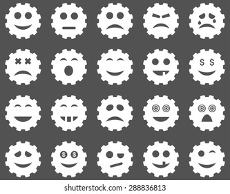 Gear emotion icons. Vector set style: flat images, white symbols, isolated on a gray background.