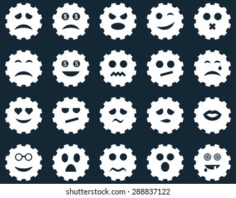 Gear emotion icons. Vector set style: flat images, white symbols, isolated on a dark blue background.