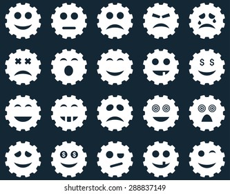 Gear emotion icons. Vector set style: flat images, white symbols, isolated on a dark blue background.