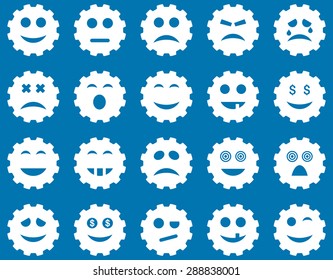 Gear emotion icons. Vector set style: flat images, white symbols, isolated on a blue background.