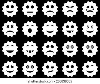 Gear emotion icons. Vector set style: flat images, white symbols, isolated on a black background.