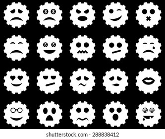 Gear emotion icons. Vector set style: flat images, white symbols, isolated on a black background.