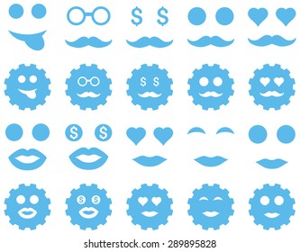Gear and emotion icons. Vector set style: flat images, blue symbols, isolated on a white background.