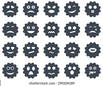 Gear emotion icons. Vector set style: flat images, smooth blue symbols, isolated on a white background.