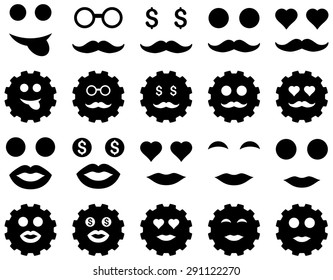 Gear and emotion icons. Vector set style: flat images, black symbols, isolated on a white background.
