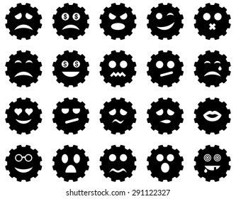 Gear emotion icons. Vector set style: flat images, black symbols, isolated on a white background.