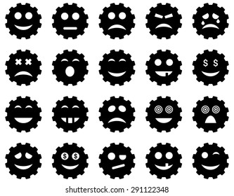 Gear emotion icons. Vector set style: flat images, black symbols, isolated on a white background.