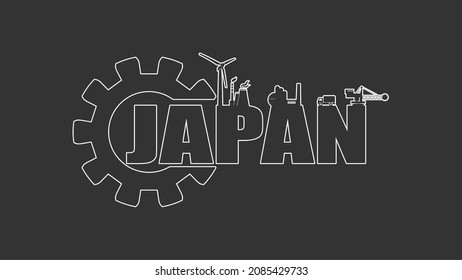 Gear with energy and power industrial icons and Japan country name.