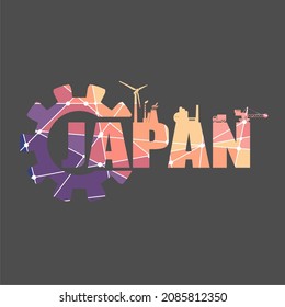 Gear with energy and power industrial icons and Japan country name.