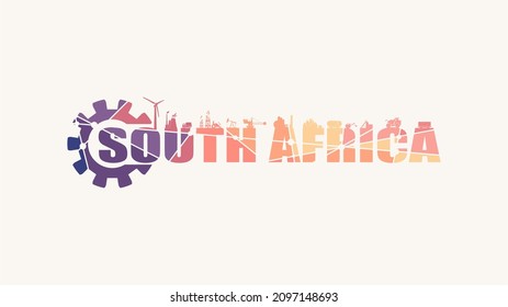 Gear with energy and power industrial icons and South Africa country name.