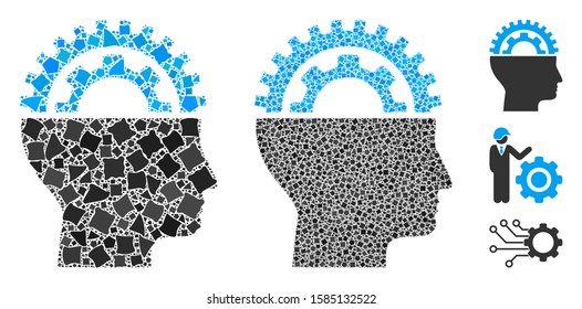 Gear engineer icon mosaic of ragged pieces in various sizes and shades, based on gear engineer icon. Vector ragged pieces are combined into composition.