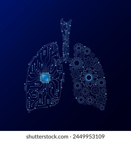 Gear engineering cogwheel and electronic circuit in form lung human. Innovation propulsion health care medical technology futuristic.  Mechanical digital organ on dark blue background. Vector EPS10.