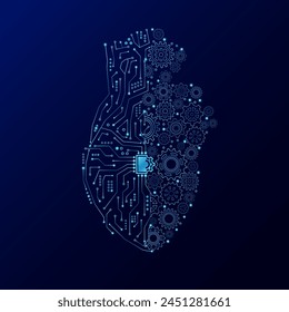 Zahnrad und elektronische Schaltung in Form eines menschlichen Herzens. Innovation Antrieb Gesundheitsversorgung Medizintechnik futuristisch.  Mechanische digitale Orgel auf dunkelblauem Hintergrund. Vektorgrafik EPS10.