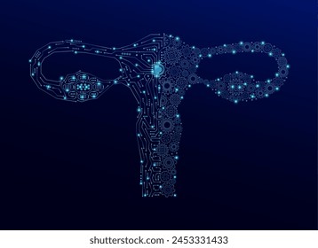 Gear engineering cogwheel and electronic circuit in form uterus. Innovation propulsion health care medical technology futuristic.  Mechanical digital organ on dark blue background. Vector EPS10.