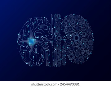 Gear engineering cogwheel and electronic circuit in form kidney human. Innovation propulsion health care medical technology futuristic.  Mechanical digital organ on dark blue background. Vector EPS10.