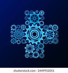 Gear engineering in form cross symbol. Innovation propulsion health care medical digital technology futuristic. On dark blue background. Vector illustration.