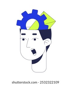 Gear envelope inside head overload man open mouth 2D linear vector avatar illustration. Workload pressure cartoon character face portrait. Overworked mind flat user profile color image isolated