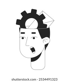 Gear envelope inside head overload man open mouth black and white 2D avatar illustration. Workload pressure outline vector character face isolated. Overworked mind user profile image portrait