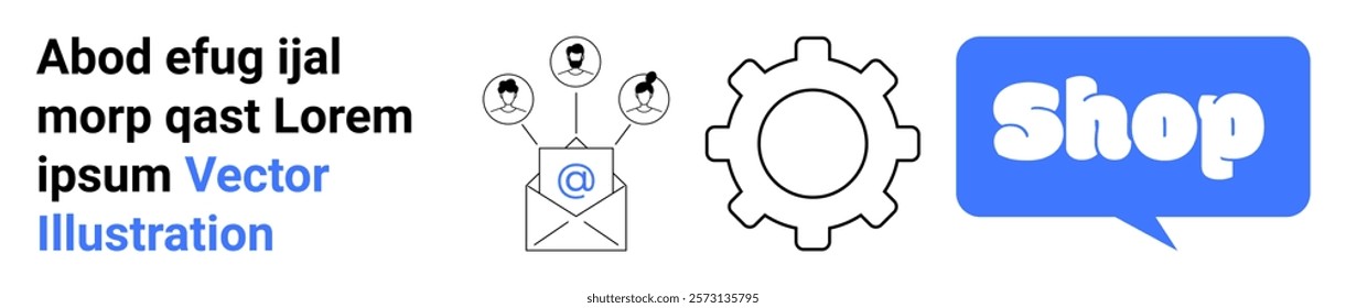 Gear, envelope with user icons, shop bubble. Ideal for e-commerce, digital marketing, technical support, email communication, customer service. Banner for landing page