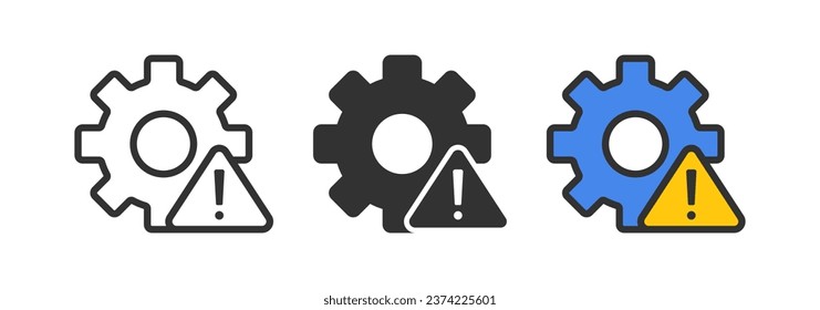 Gear error icon. System failure symbol. Technical warning signs. Exclamation mark symbols. Attention alert trouble work icons. Black, blue, yellow color. Vector isolated sign.