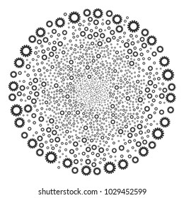 Gear exploding round cluster. Object pattern made from random gear design elements as explosion circle. Vector illustration style is flat iconic symbols.
