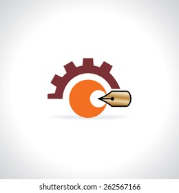 gear with eye connected pen nib logo concept 