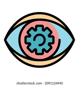 Engranaje en el icono del ojo. Engranaje de contorno en el color del icono del vector del ojo aislado