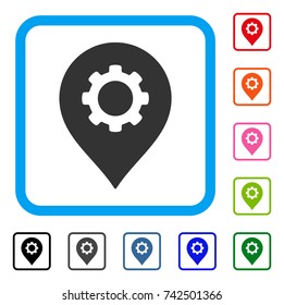 Gear Factory Marker icon. Flat grey iconic symbol inside a light blue rounded squared frame. Black, gray, green, blue, red, orange color variants of Gear Factory Marker vector.