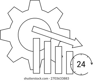 Engranaje con el gráfico de barra que cae y el icono 24hour