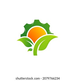 Plantilla vectorial de diseño del logotipo de la granja de engranajes. Concepto del logotipo de la granja