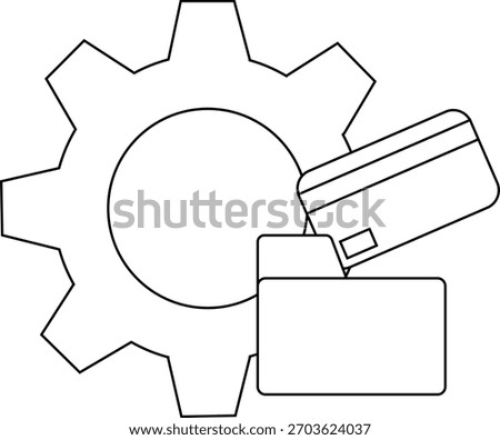 A gear a file folder and a credit card are outlined in black