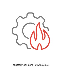 Engranaje y fuego. Estilo de línea de icono de grabación del motor aislado en fondo blanco. Ilustración del vector