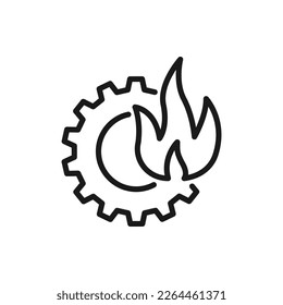 Gear and fire. Engine burning icon line style isolated on white background. Vector illustration