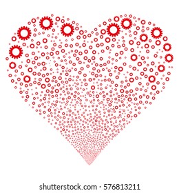 Gear fireworks with heart shape. Vector illustration style is flat red iconic symbols on a white background. Object stream created from confetti symbols.