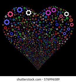 Gear fireworks with heart shape. Vector illustration style is flat bright multicolored iconic symbols on a black background. Object heart made from random symbols.
