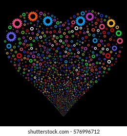 Gear fireworks with heart shape. Vector illustration style is flat bright multicolored iconic symbols on a black background. Object love heart created from random pictograms.