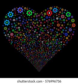Gear fireworks with heart shape. Vector illustration style is flat bright multicolored iconic symbols on a black background. Object love heart created from scattered pictograms.