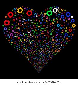 Gear fireworks with heart shape. Vector illustration style is flat bright multicolored iconic symbols on a black background. Object heart created from random pictograms.