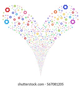 Gear fireworks stream. Vector illustration style is flat bright multicolored iconic symbols on a white background. Object double fountain constructed from random pictographs.