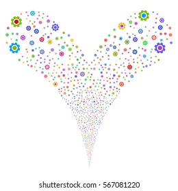 Gear fireworks stream. Vector illustration style is flat bright multicolored iconic symbols on a white background. Object double fountain made from random pictograms.