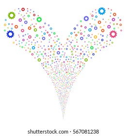 Gear fireworks stream. Vector illustration style is flat bright multicolored iconic symbols on a white background. Object double fountain created from random pictograms.
