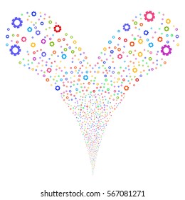 Gear fireworks stream. Vector illustration style is flat bright multicolored iconic symbols on a white background. Object double fountain combined from random design elements.