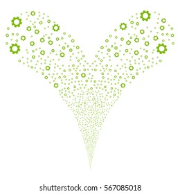 Gear fireworks stream. Vector illustration style is flat eco green iconic symbols on a white background. Object double fountain organized from random icons.