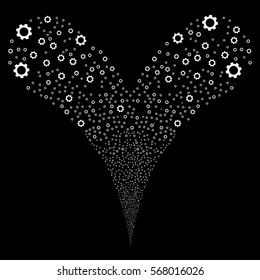 Gear fireworks stream. Vector illustration style is flat white iconic symbols on a black background. Object double fountain made from random pictographs.