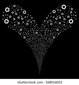 Gear fireworks stream. Vector illustration style is flat white iconic symbols on a black background. Object double fountain created from random pictograms.