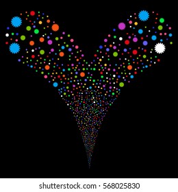 Gear fireworks stream. Vector illustration style is flat bright multicolored iconic symbols on a black background. Object double fountain created from random design elements.